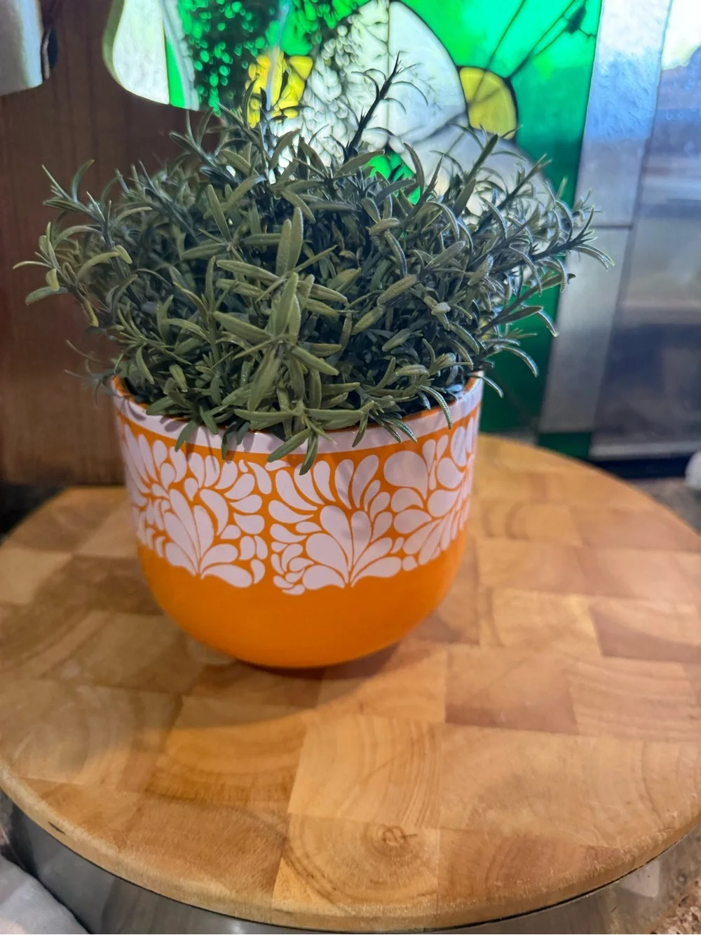 Orange Floral Ceramic Planter with White Pattern 5.5”